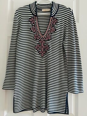 Tory Burch Navy & White Striped Tunic with Red Embroidered V-Neck Detail